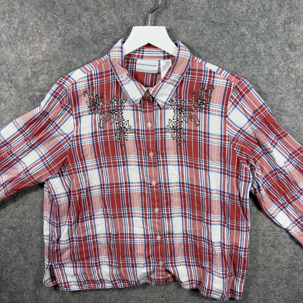 Alfred Dunner Women's‎ Red Plaid 3/4 Sleeve Button Front Top Floral Beading 18P - Picture 4 of 10